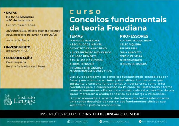 Inscrição (Alunos do curso no primeiro semestre de 2020): Conceitos Fundamentais da Teoria Freudiana - mensalidade (São Paulo - Setembro/2020)