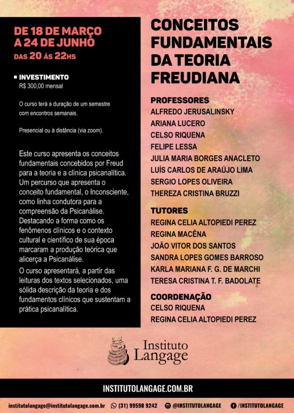 Mensalidade do Curso: Conceitos Fundamentais da Teoria Freudiana (São Paulo - Abril/2020)
