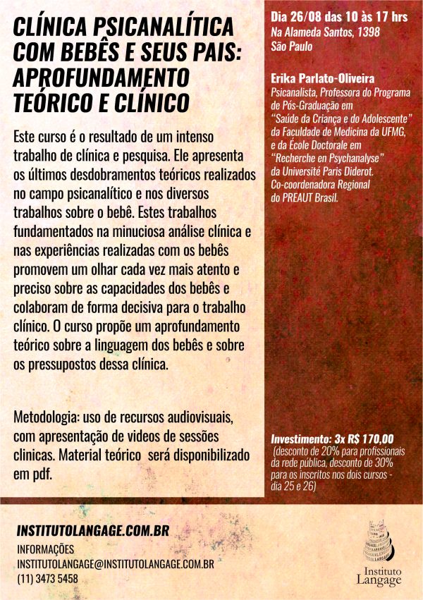 Matrícula em 3x e com desconto para profissionais da rede do Curso Clínica Psicanalítica com bebês e seus pais: aprofundamento teórico e clínico (São Paulo - 26/Agosto/2018)