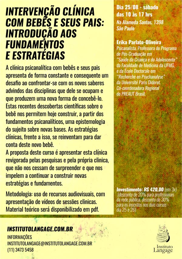 Matrícula em 3 x do Curso: Intervenção clínica com bebês e seus pais: introdução aos fundamentos e estratégias (São Paulo - 25/Agosto/2018)
