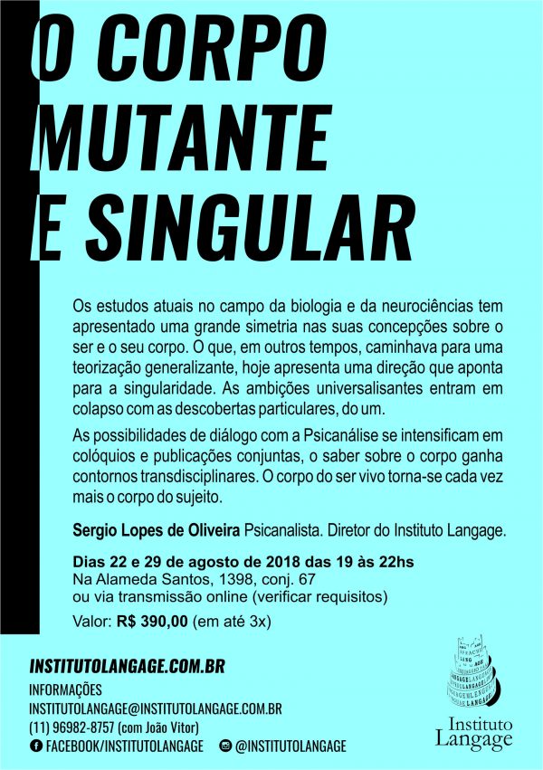 Matrícula (preço especial para alunos em formação do Instituto Langage) do Curso: O Corpo Mutante e Singular (São Paulo - Agosto/2018)