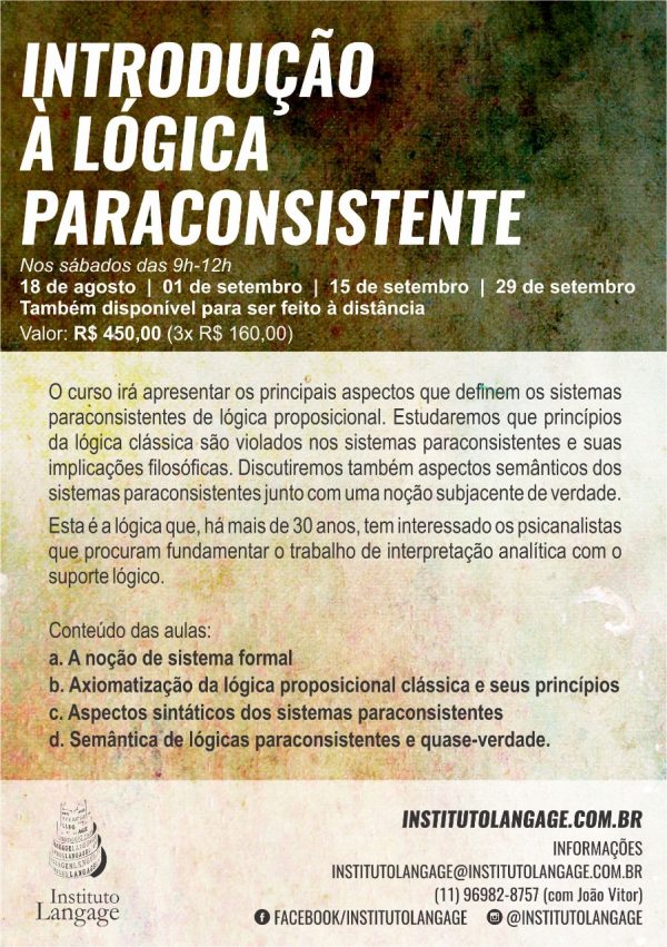 Matrícula (preço especial) para alunos em formação do Instituto Langage do Curso: Introdução a Lógica Paraconsistente (São Paulo - Agosto/2018)