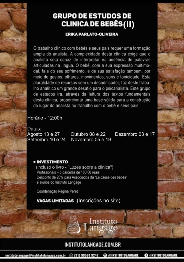 Grupo de Estudo (1) de Clínica de Bebês Turma quinta-feira 12 horas - inscrição (agosto a dezembro/20)