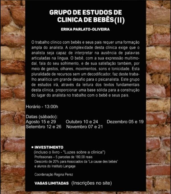 Grupo de Estudo (7) de Clínica de Bebês Turma sábado 13 horas - Inscrição (agosto a dezembro/20)
